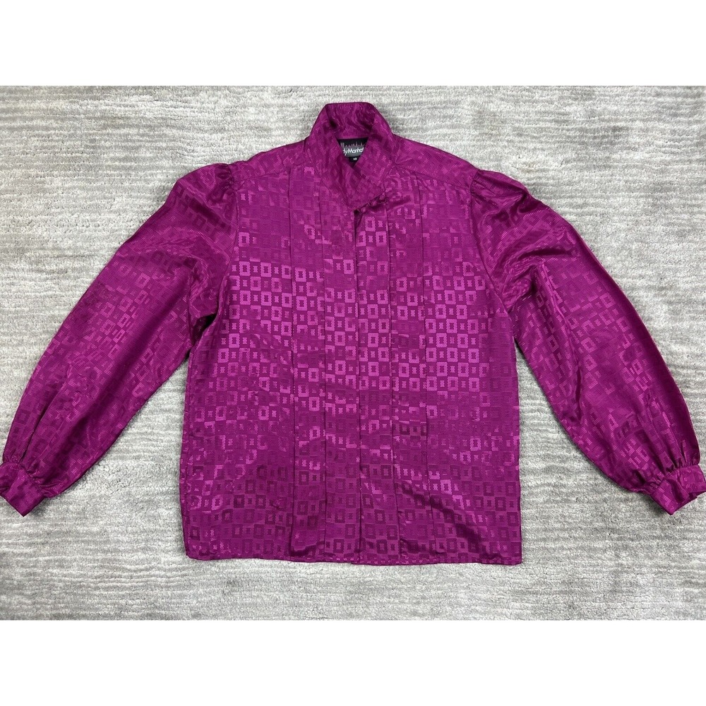 Lady Manhattan Blouse Womens 10 Magenta Vintage 80s Mock Neck Geometric Jacquard